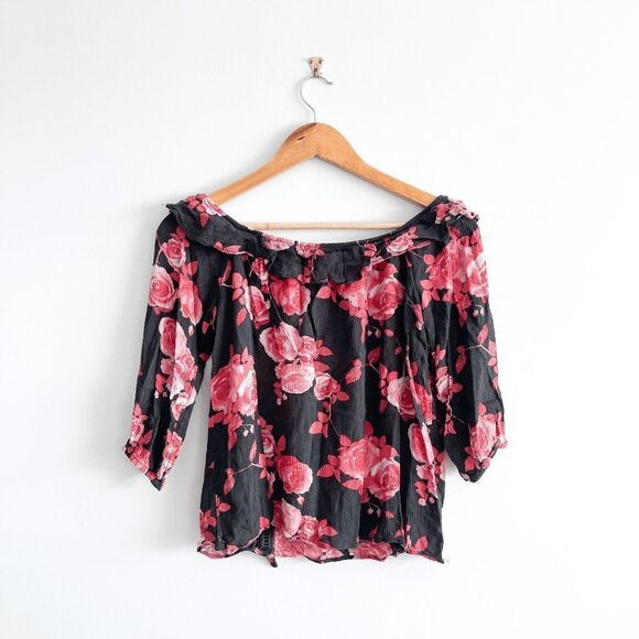 Honey Belle Womens Top Semi Cropped Quarter Sleeve Floral Black Red Medium - Picture 2 of 8